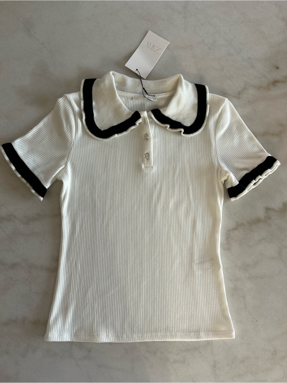 Zara White Ribbed Polo Top with Black Trim - Kids